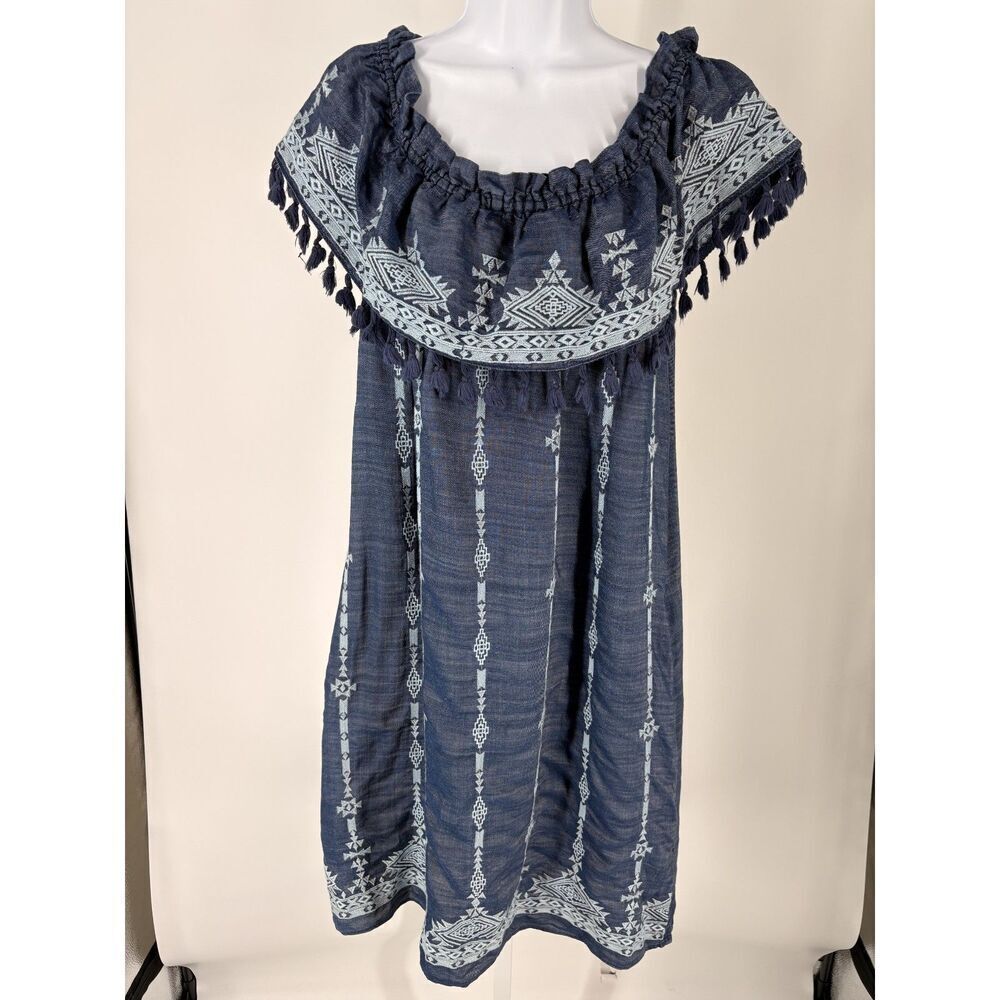 Blue Boho Off-Shoulder Dress – Embroidered Tassel Trim Peasant Mini Tunic